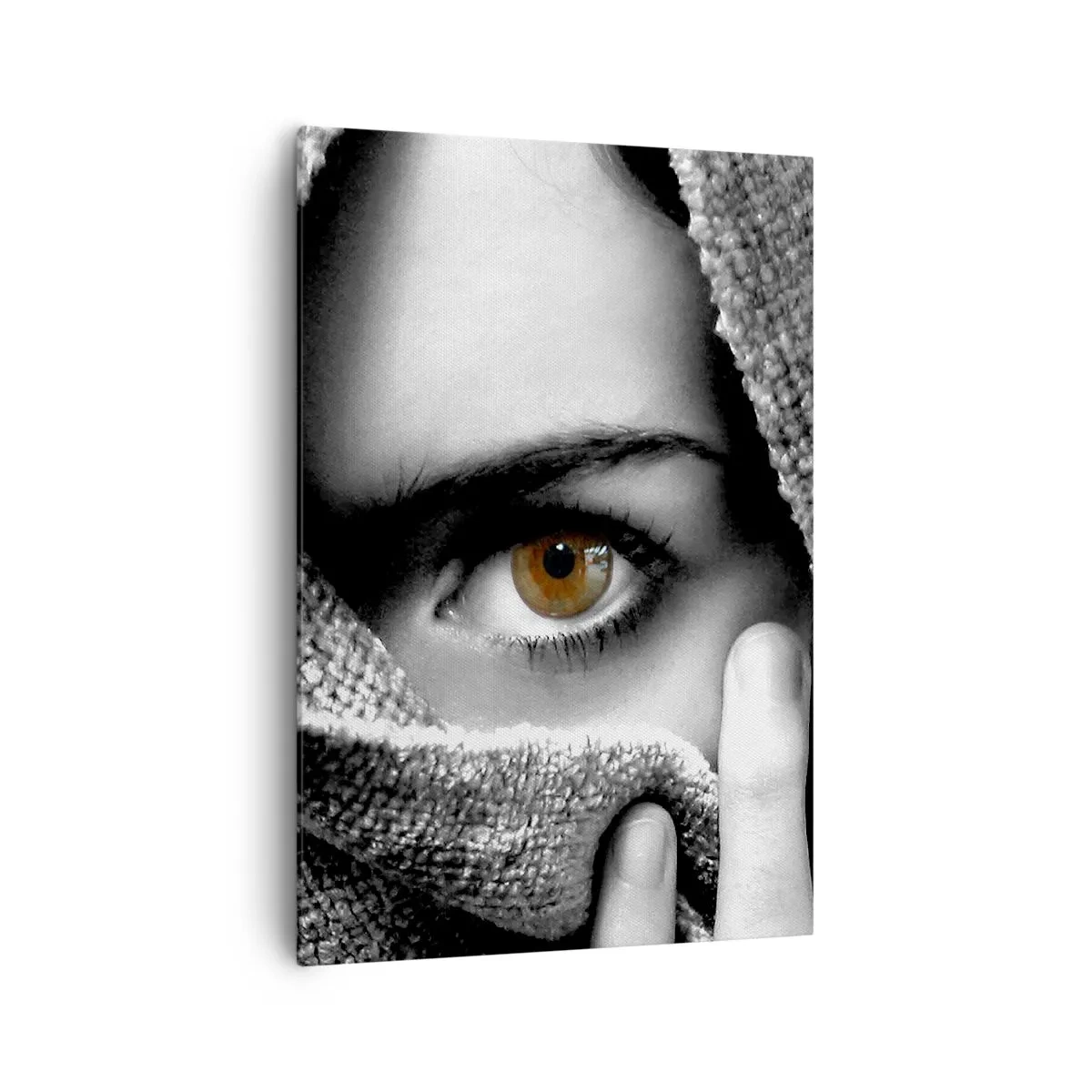 Cuadro sobre lienzo - Impresión de Imagen - Retrato de una mujer con un ojo color ámbar cubierto con una tela en tonos grises. - 70x100cm - Conoce el misterio - Decoración de pared moderna para salón y dormitorio ARTTOR