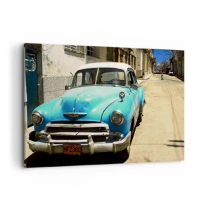 Cuadro sobre lienzo - Impresión de Imagen - Un coche clásico azul en la calle en un día soleado. - 120x80cm - ¡Viva Cuba! - Decoración de pared moderna para salón y dormitorio ARTTOR