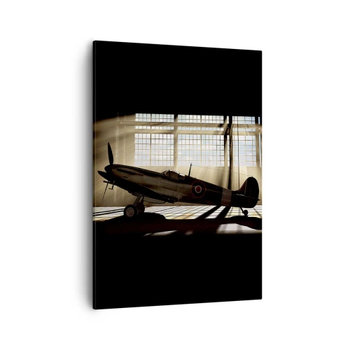Cuadro sobre lienzo - Impresión de Imagen - Un avión histórico en un hangar iluminado por la luz del sol. - 50x70cm - El descanso del guerrero - Decoración de pared moderna para salón y dormitorio ARTTOR