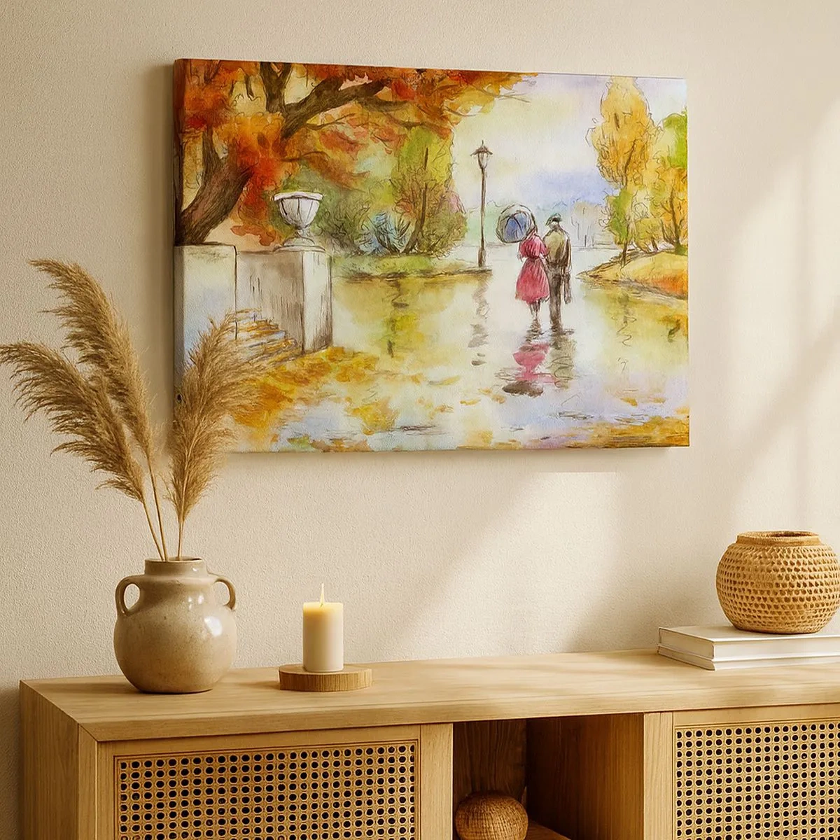 Cuadro sobre lienzo - Impresión de Imagen - Un paseo por el parque de otoño con un paraguas. - 70x50cm - Un otoño romántico en el parque - Decoración de pared moderna para salón y dormitorio ARTTOR