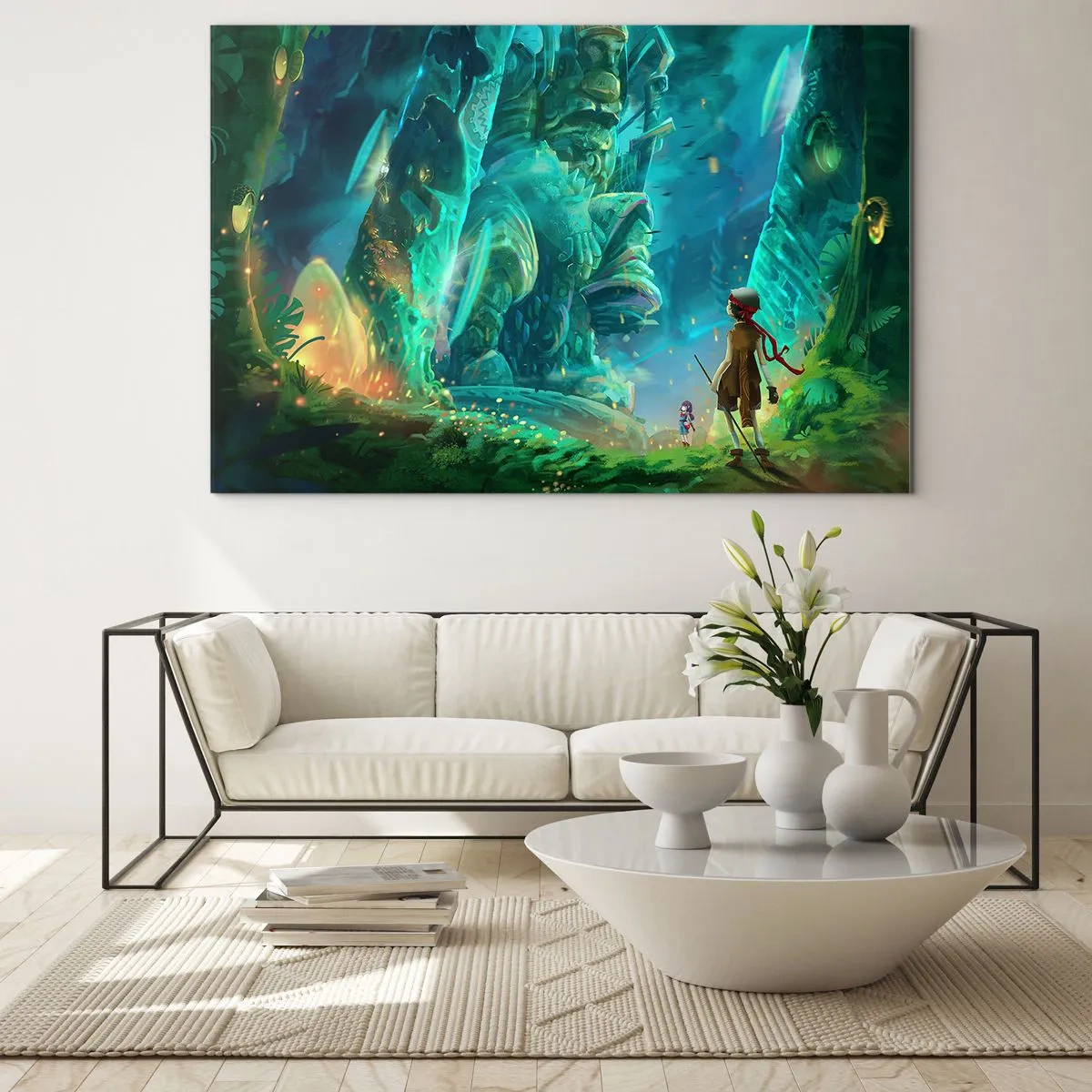 Cuadro sobre vidrio - Impresiones sobre Vidrio - Paisaje de fantasía con una figura y una estatua antigua en el bosque. - 70x50cm - Del gran libro de los cuentos de hadas - Decoración de pared moderna para salón y dormitorio ARTTOR