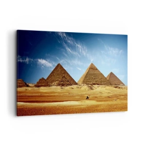Cuadro sobre lienzo - Impresión de Imagen - Las pirámides de Giza contra un cielo azul y un paisaje desértico. - 120x80cm - 40 siglos te observan - Decoración de pared moderna para salón y dormitorio ARTTOR