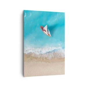 Cuadro sobre lienzo - Impresión de Imagen - Una vista de pájaro de un barco en la playa. - 70x100cm - Frontera celeste y dorada - Decoración de pared moderna para salón y dormitorio ARTTOR