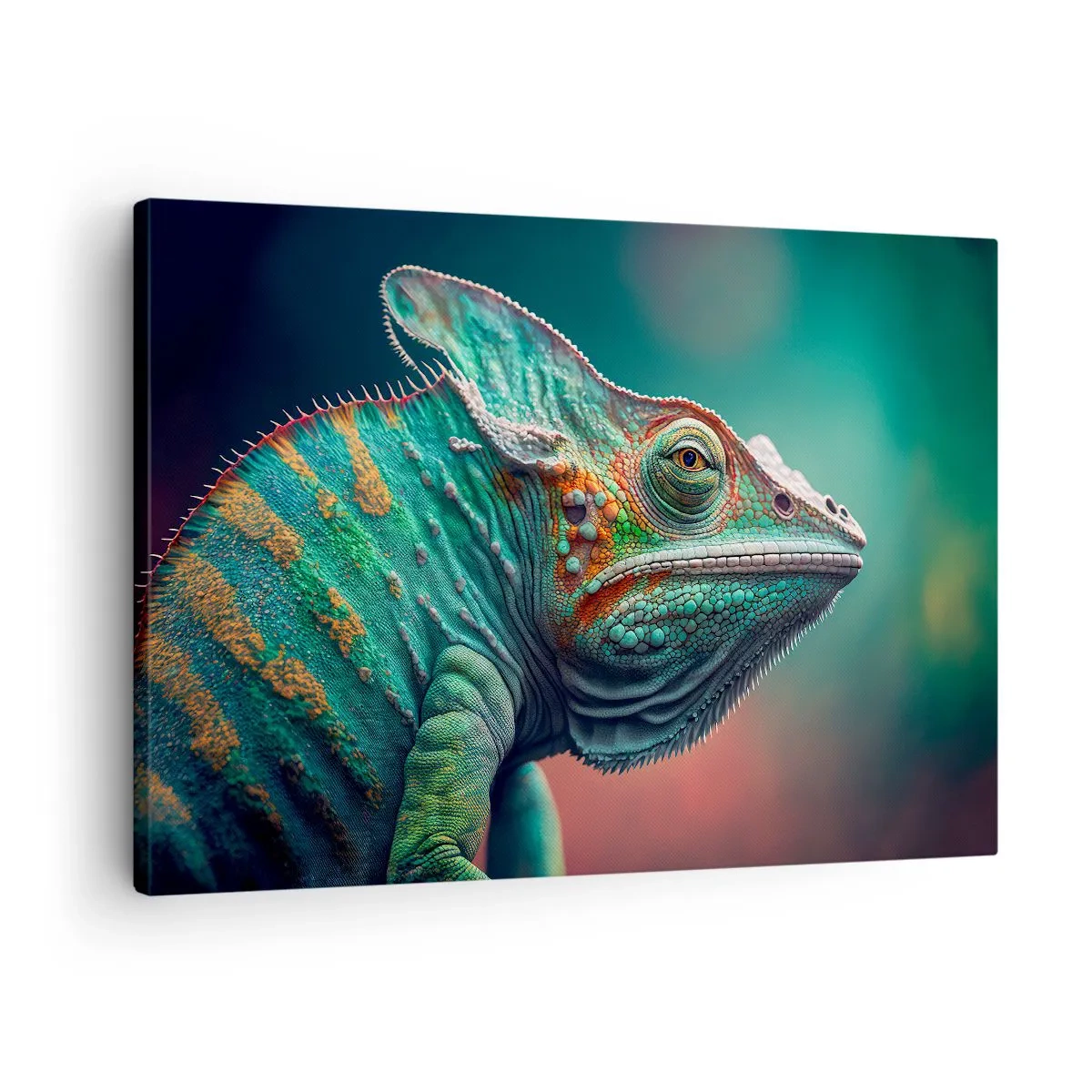 Cuadro sobre lienzo - Impresión de Imagen - Primer plano de un camaleón en colores intensos. - 70x50cm - ¿Puedes verme? No está bien... - Decoración de pared moderna para salón y dormitorio ARTTOR