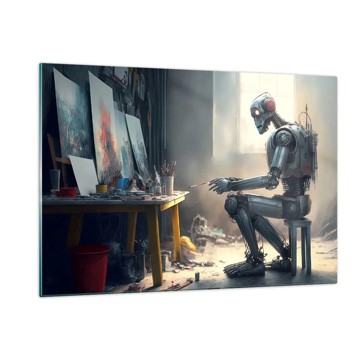 Cuadro sobre vidrio - Impresiones sobre Vidrio - Un robot pintando cuadros en un estudio de arte. - 120x80cm - El acto de creación - Decoración de pared moderna para salón y dormitorio ARTTOR