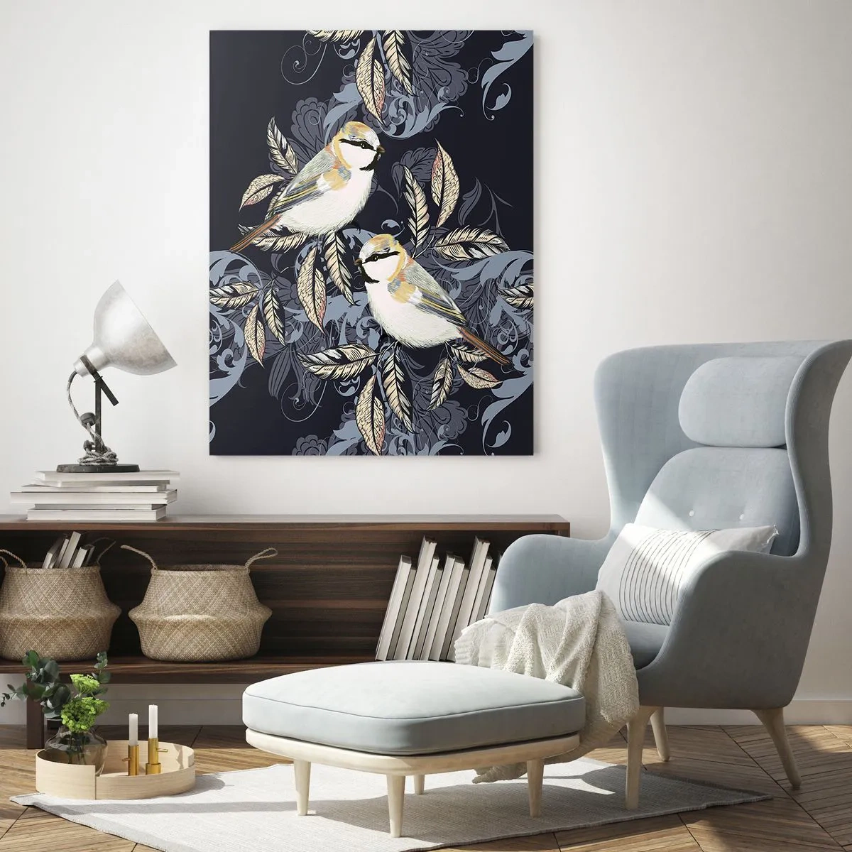 Cuadro sobre vidrio - Impresiones sobre Vidrio - Ilustración de dos pájaros sobre un fondo oscuro con adornos. - 50x70cm - En la copa del árbol - Decoración de pared moderna para salón y dormitorio ARTTOR
