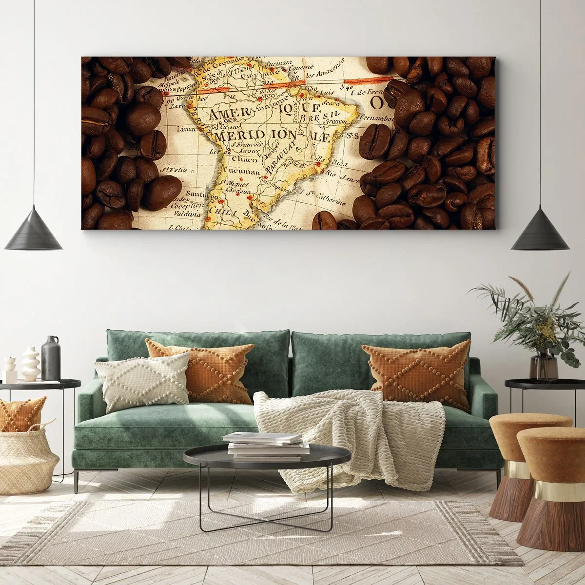 Cuadro sobre lienzo - Impresión de Imagen - Un mapa de Sudamérica rodeado de granos de café. - 120x50cm - ¿De dónde viene el mejor café? - Decoración de pared moderna para salón y dormitorio ARTTOR