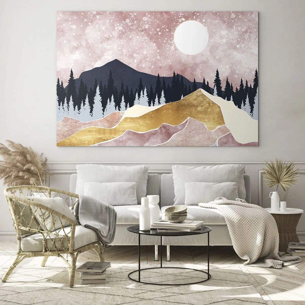 Cuadro sobre vidrio - Impresiones sobre Vidrio - Montañas y bosques a la luz de la luna contra un cielo rosado. - 100x70cm - Vigilancia nocturna - Decoración de pared moderna para salón y dormitorio ARTTOR