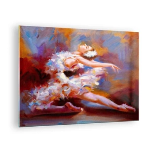 Cuadro sobre vidrio - Impresiones sobre Vidrio - Una bailarina en una pose dinámica sobre un fondo de colores abstractos. - 70x50cm - El lago de los cisnes - Decoración de pared moderna para salón y dormitorio ARTTOR