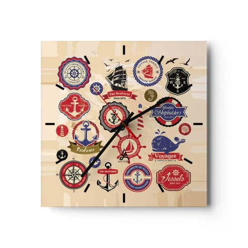 Reloj de pared - Reloj de vidrio - Una colección de gráficos y símbolos náuticos sobre un fondo claro. - 30x30cm - Una fraternidad del mar - Decoración de pared moderna para salón y dormitorio ARTTOR