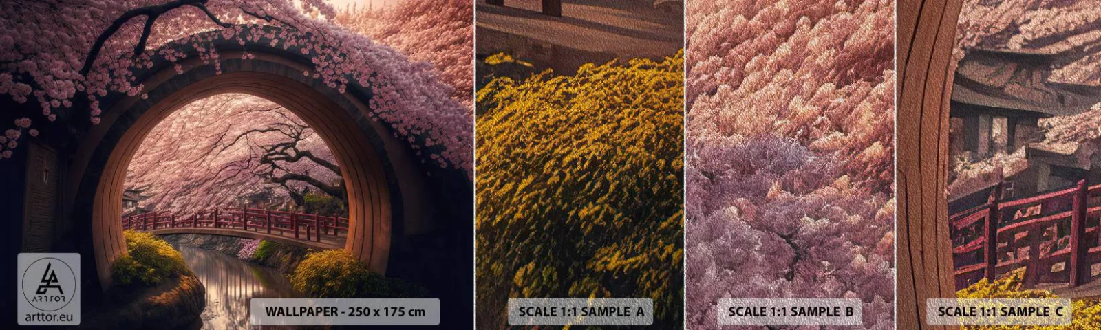 Muestra de fotomural Premium Sand - Primavera japonesa - Puente, Japón, cereza japonesa - 100x30 cm