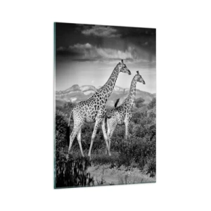 Cuadro sobre vidrio - Impresiones sobre Vidrio - Siluetas en blanco y negro de dos jirafas en la sabana. - 80x120cm - La clase alta de África - Decoración de pared moderna para salón y dormitorio ARTTOR