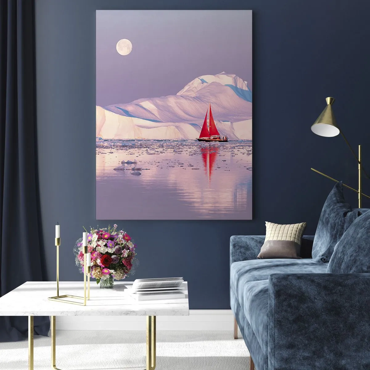 Cuadro sobre vidrio - Impresiones sobre Vidrio - Un velero con los glaciares como telón de fondo a la luz de la luna. - 50x70cm - El calor de la vela, el frío del hielo - Decoración de pared moderna para salón y dormitorio ARTTOR
