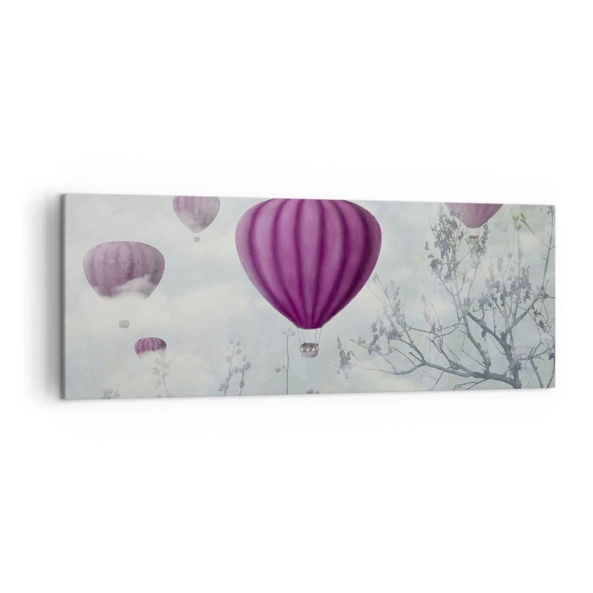 Cuadro sobre lienzo - Impresión de Imagen - Globos morados flotando sobre los árboles en las nubes. - 140x50cm - Surcando los cielos - Decoración de pared moderna para salón y dormitorio ARTTOR