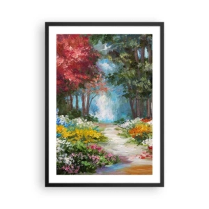Póster en marco negro - Un colorido jardín forestal lleno de flores y árboles. - 50x70cm - Jardín forestal, bosque floral - Decoración de pared moderna para salón y dormitorio ARTTOR