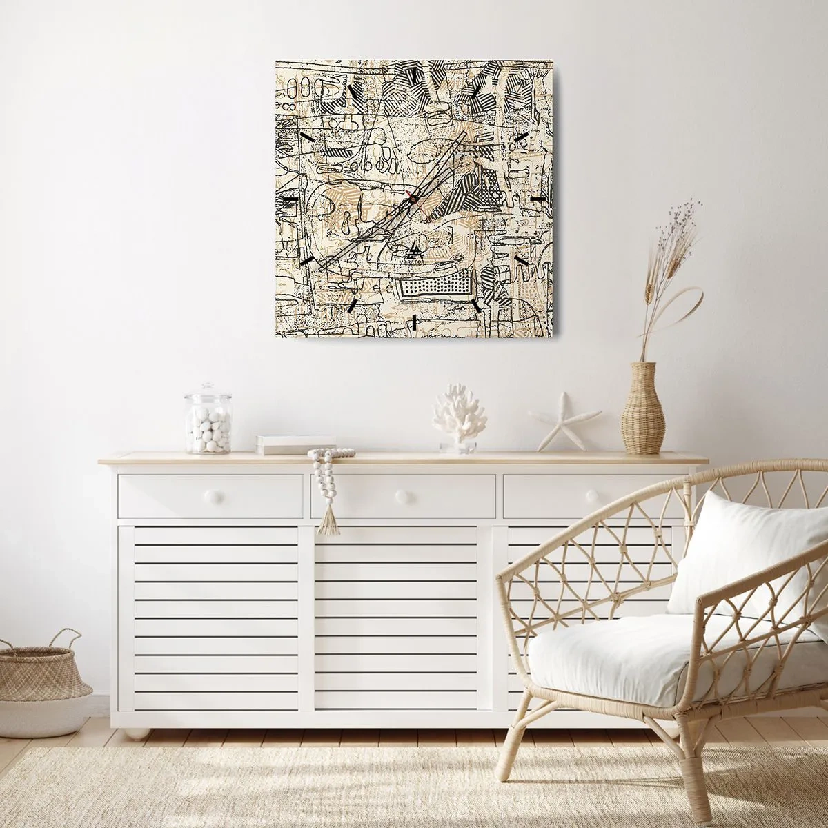 Reloj de pared - Reloj de vidrio - Patrones y líneas abstractas sobre un fondo beige - 30x30cm - A la espera de ser descifrado - Decoración de pared moderna para salón y dormitorio ARTTOR