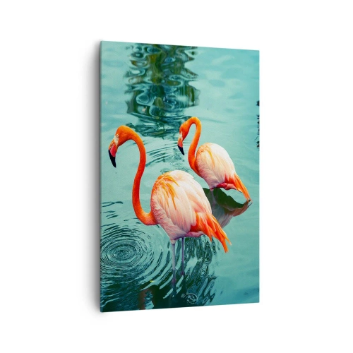 Cuadro sobre lienzo - Impresión de Imagen - Dos flamencos en el agua tranquila reflejando su entorno. - 80x120cm - Estamos de moda - Decoración de pared moderna para salón y dormitorio ARTTOR