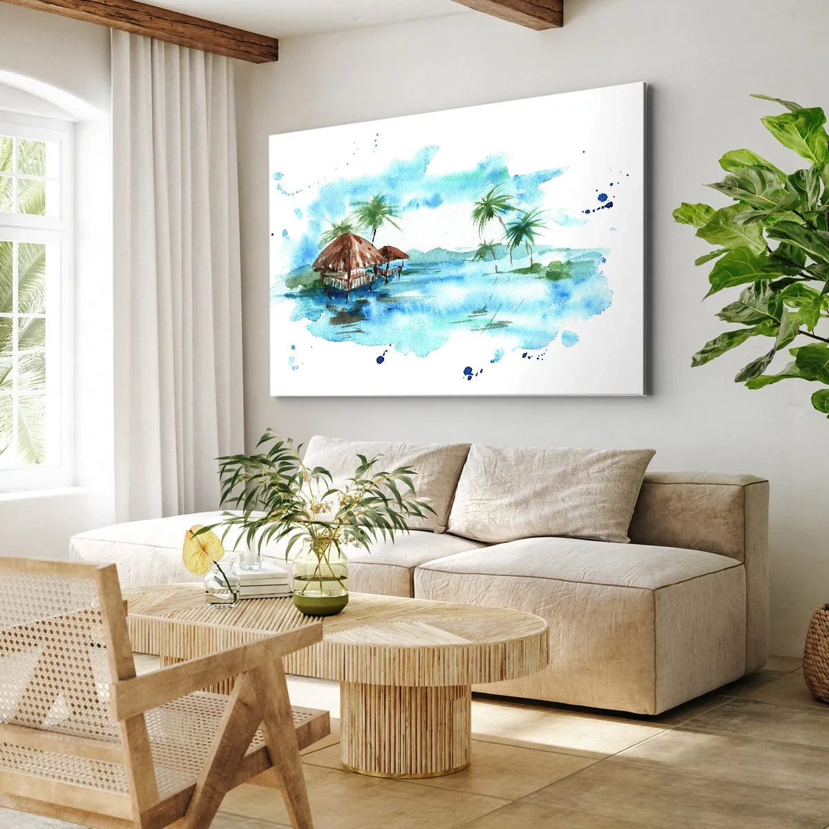 Cuadro sobre lienzo - Impresión de Imagen - Pintura de acuarela de un paisaje tropical con casas y palmeras. - 100x70cm - En algún lugar del Pacífico - Decoración de pared moderna para salón y dormitorio ARTTOR