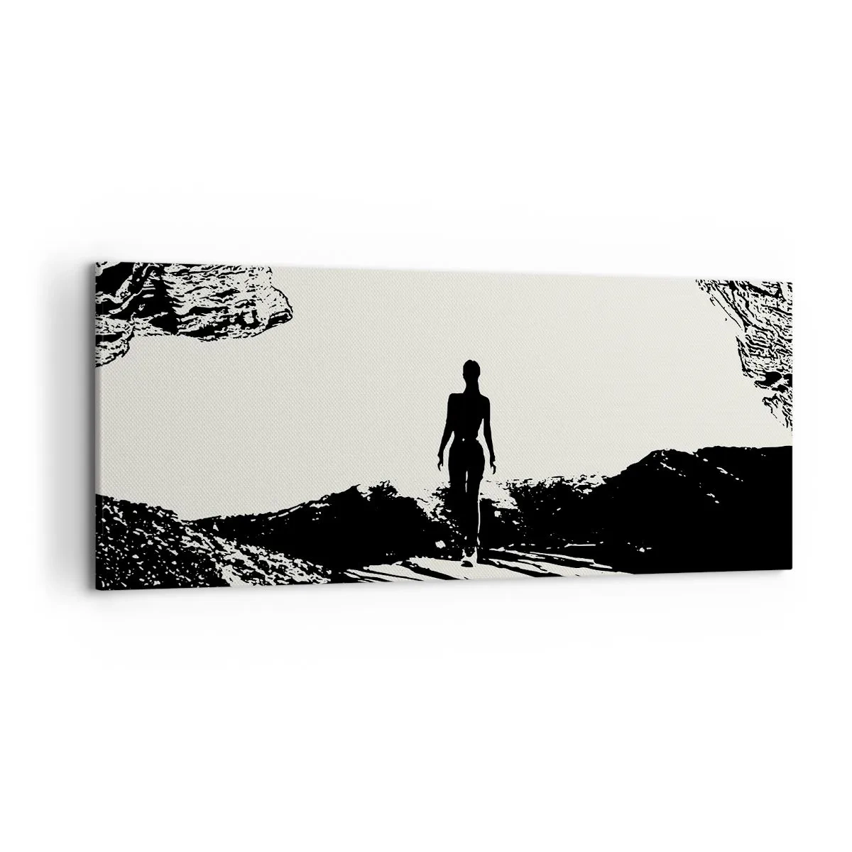 Cuadro sobre lienzo - Impresión de Imagen - Silueta en blanco y negro de una mujer en una cueva contra el cielo - 120x50cm - Una nueva mirada - Decoración de pared moderna para salón y dormitorio ARTTOR