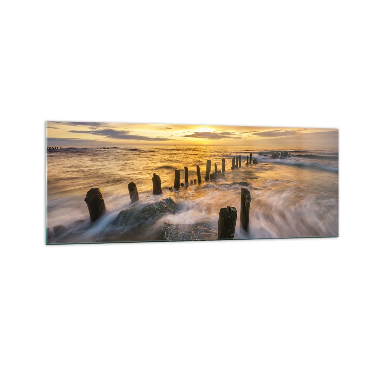 Cuadro sobre vidrio - Impresiones sobre Vidrio - Puesta de sol sobre el mar con los restos de un antiguo muelle - 140x50cm - La cruda belleza del Báltico - Decoración de pared moderna para salón y dormitorio ARTTOR