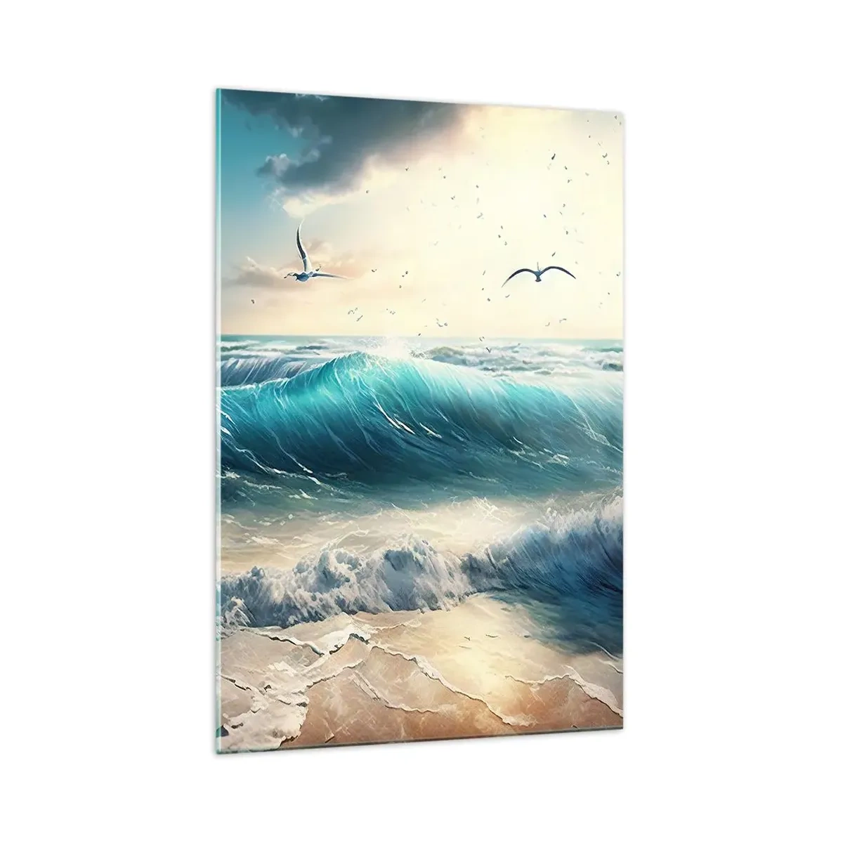 Cuadro sobre vidrio - Impresiones sobre Vidrio - Olas del mar en la playa bajo un cielo azul con gaviotas - 70x100cm - La brisa solo para ti - Decoración de pared moderna para salón y dormitorio ARTTOR