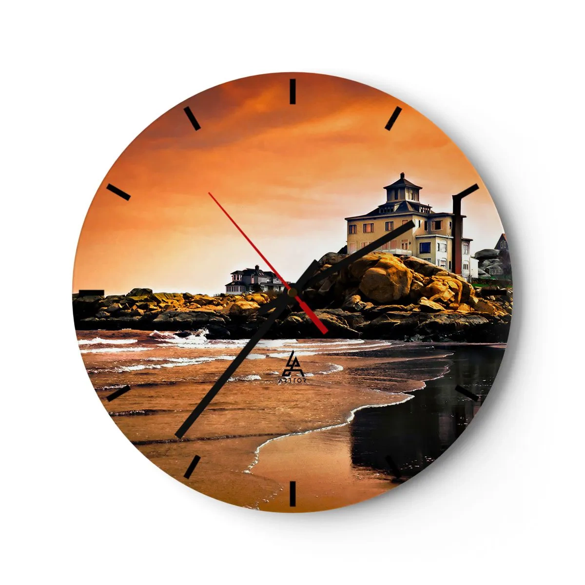 Reloj de pared - Reloj de vidrio - Una casa en una costa rocosa al atardecer. - 30x30cm - La elegancia de la costa oeste - Decoración de pared moderna para salón, cocina y dormitorio ARTTOR