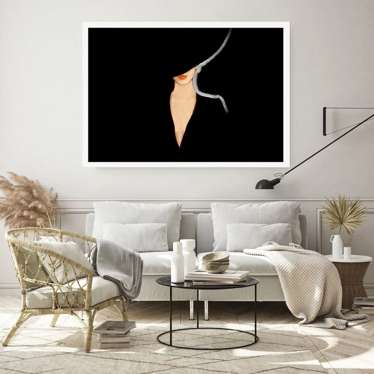 Póster - Silueta de una mujer con sombrero sobre un fondo negro - 100x70cm - Elegancia y estilo - Decoración de pared moderna para salón y dormitorio ARTTOR
