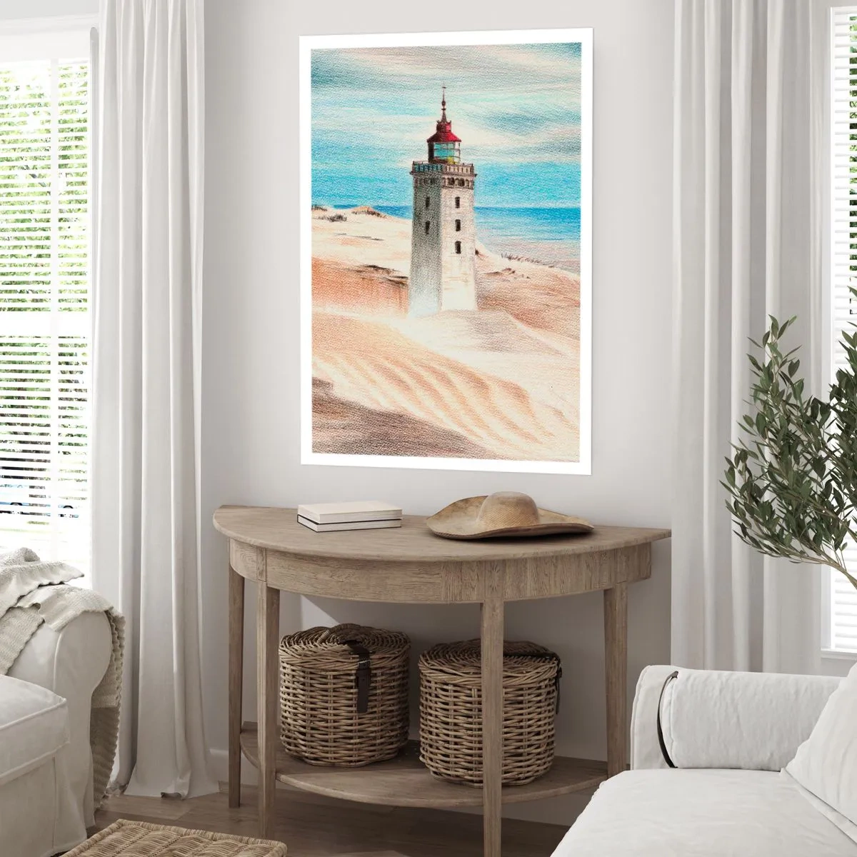 Póster - Un faro con el telón de fondo de dunas de arena y un cielo azul. - 50x70cm - Siempre mirando al mar - Decoración de pared moderna para salón y dormitorio ARTTOR