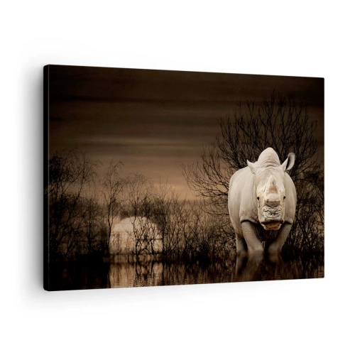 Cuadro sobre lienzo - Impresión de Imagen - Rinoceronte entre árboles al atardecer, naturaleza salvaje. - 70x50cm - El blanco contra la naturaleza - Decoración de pared moderna para salón y dormitorio ARTTOR