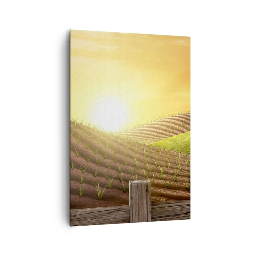 Cuadro sobre lienzo - Impresión de Imagen - Paisaje rural con un granero rojo, un tractor y el amanecer. - 70x100cm - Una granja como un cuento de hadas - Decoración de pared moderna para salón y dormitorio ARTTOR