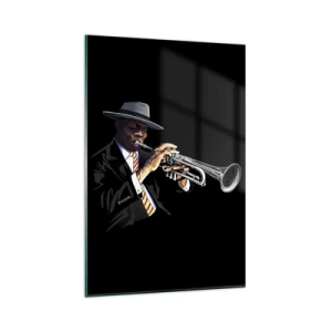 Cuadro sobre vidrio - Impresiones sobre Vidrio - Un músico tocando la trompeta sobre un fondo negro. - 80x120cm - El encanto de la vieja escuela - Decoración de pared moderna para salón y dormitorio ARTTOR