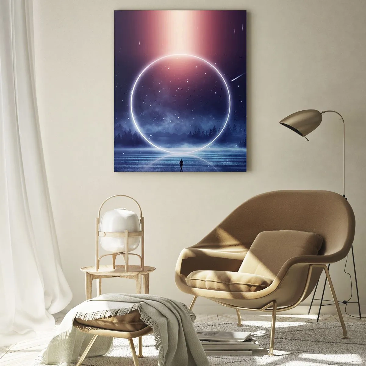 Cuadro sobre vidrio - Impresiones sobre Vidrio - Un paisaje mágico con una figura y un círculo de luz por la noche. - 70x100cm - Ya están aquí... - Decoración de pared moderna para salón y dormitorio ARTTOR