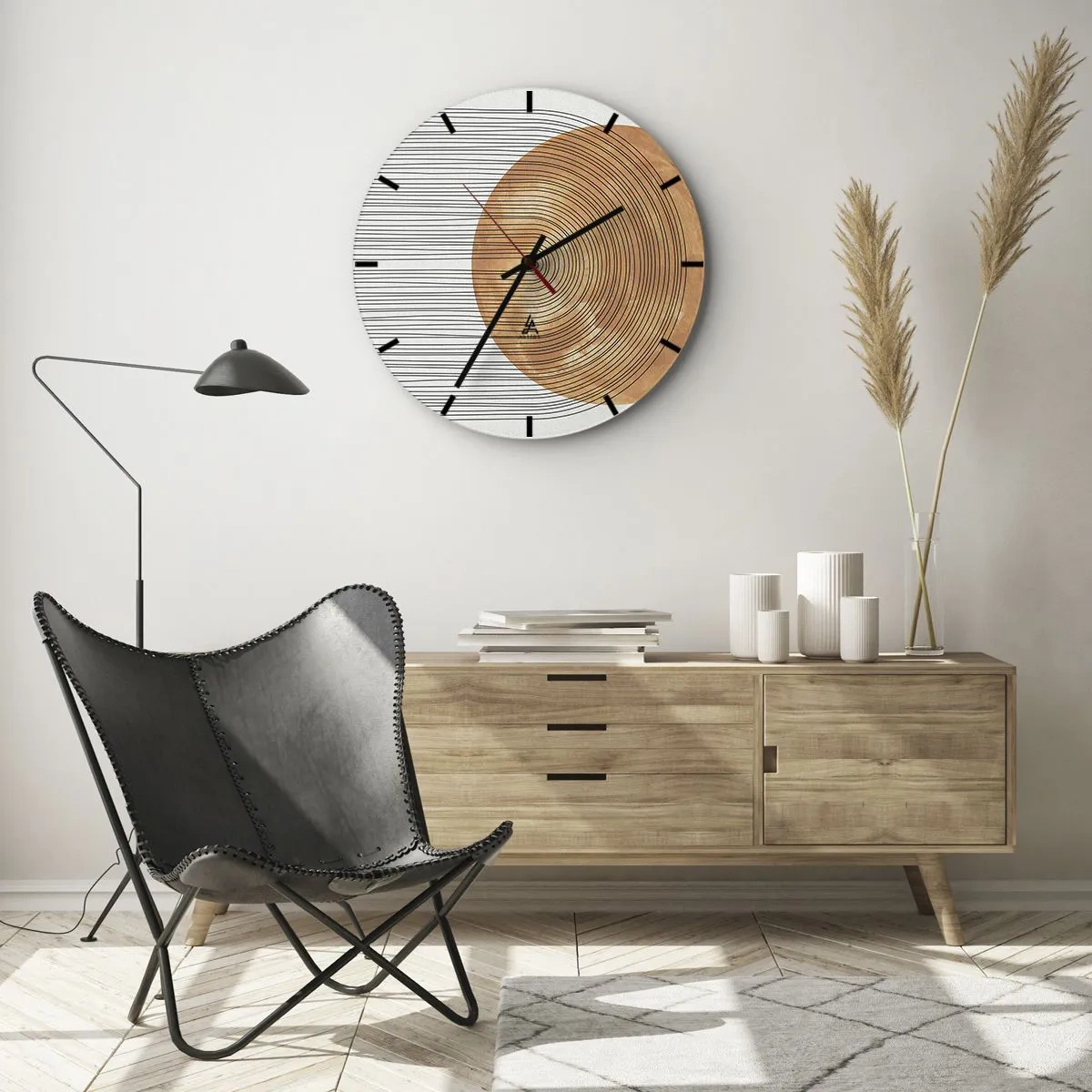 Reloj de pared - Reloj de vidrio - Madera y líneas sobre un fondo claro en armonía geométrica. - 30x30cm - Una composición soleada - Decoración de pared moderna para salón, cocina y dormitorio ARTTOR