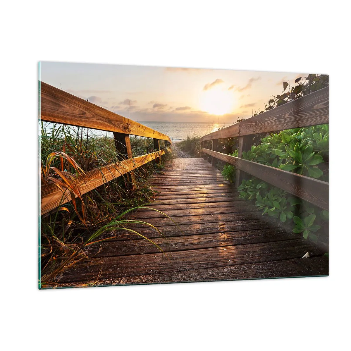 Cuadro sobre vidrio - Impresiones sobre Vidrio - Pasarela de madera que conduce a la playa al atardecer - 120x80cm - Y directamente a la orilla - Decoración de pared moderna para salón y dormitorio ARTTOR