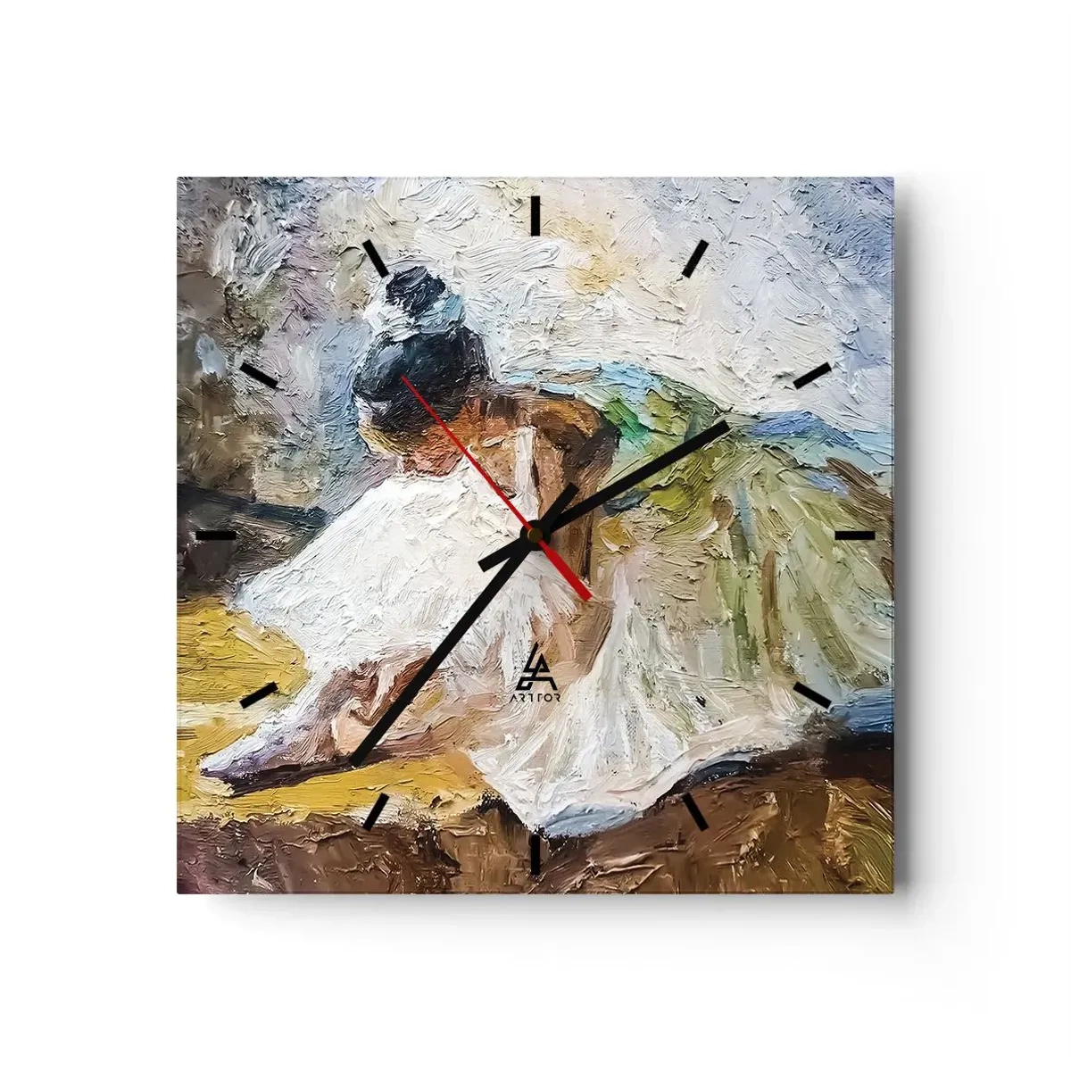 Reloj de pared - Reloj de vidrio - Una bailarina con un vestido blanco de estilo pictórico sobre un fondo impresionista. - 30x30cm - De un cuadro de Degas - Decoración de pared moderna para salón y dormitorio ARTTOR