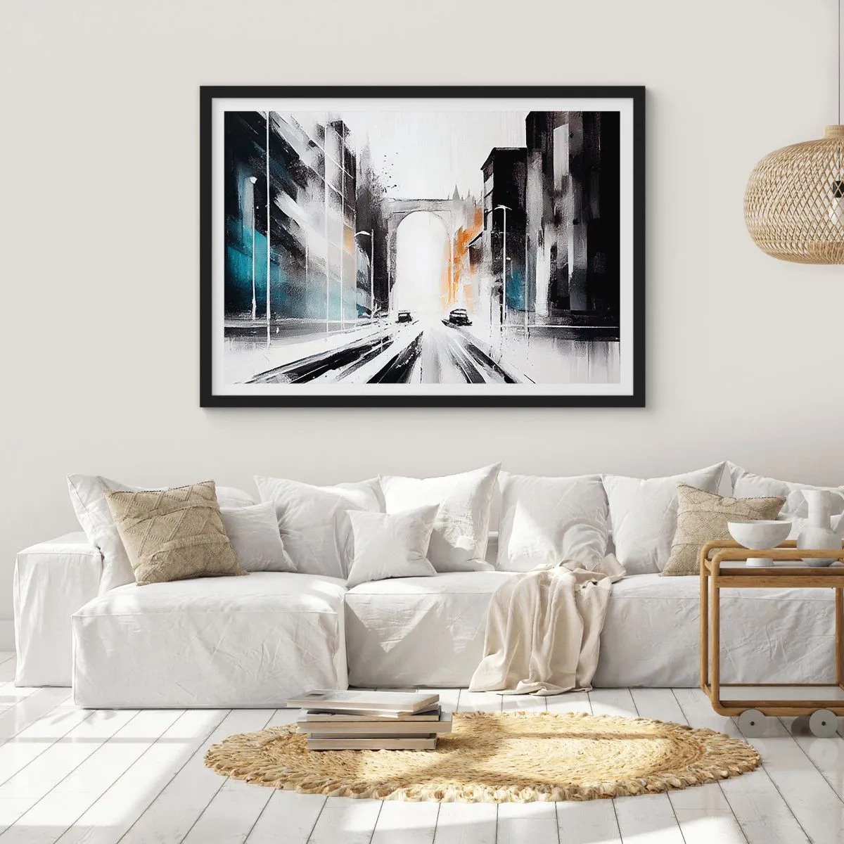 Póster en marco negro - Panorama abstracto de la ciudad con un puente arqueado - 100x70cm - Estudio de la ciudad: arquitectura y movimiento - Decoración de pared moderna para salón y dormitorio ARTTOR