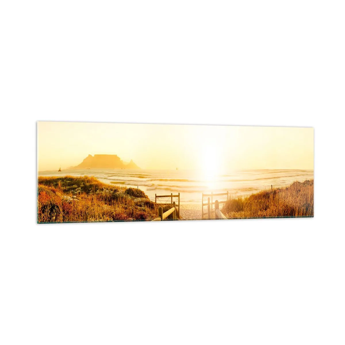 Cuadro sobre vidrio - Impresiones sobre Vidrio - Camino a la playa durante un atardecer dorado - 160x50cm - A través de la duna, hacia el sol - Decoración de pared moderna para salón y dormitorio ARTTOR
