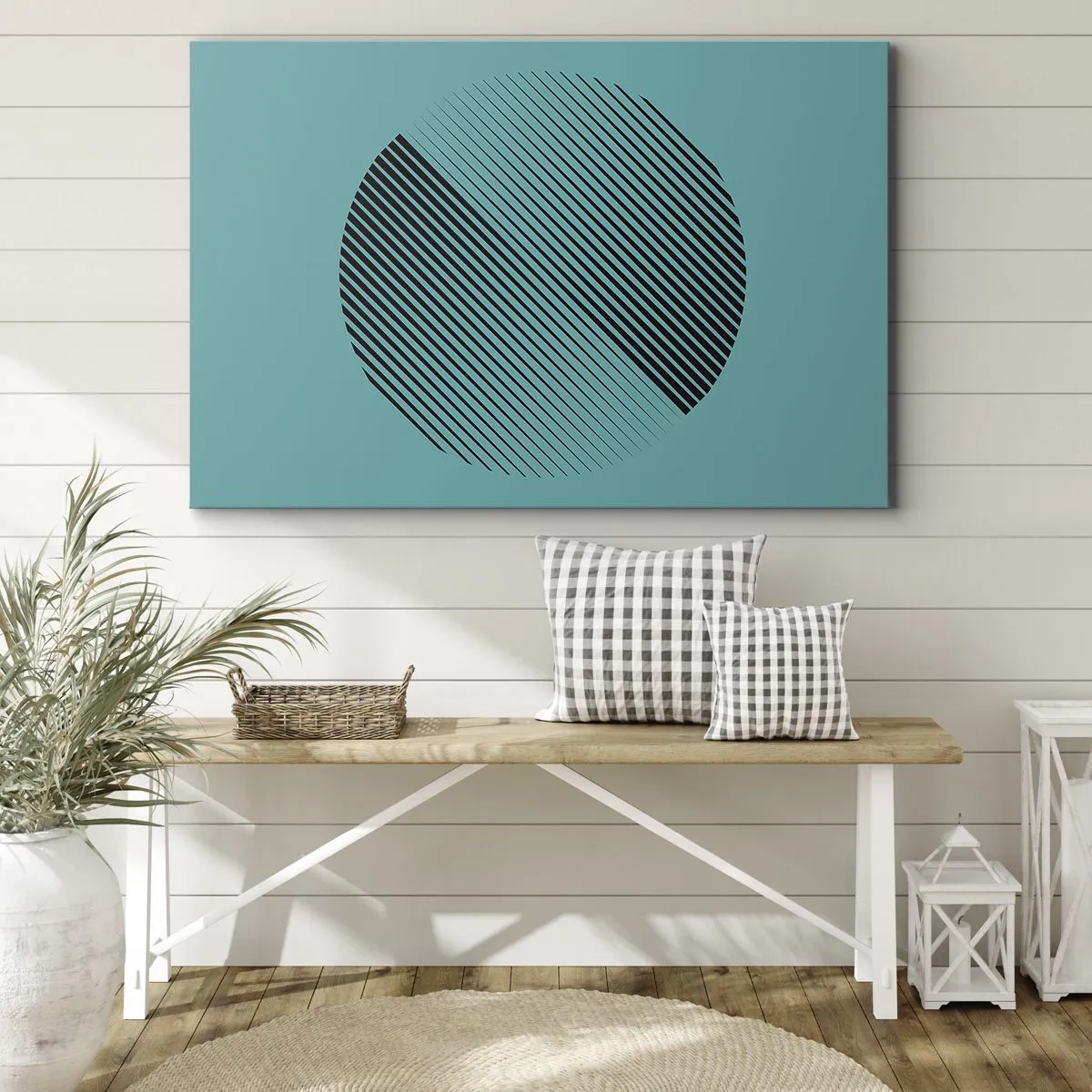Cuadro sobre lienzo - Impresión de Imagen - Un círculo minimalista con líneas sobre un fondo turquesa. - 100x70cm - El círculo: una variación geométrica - Decoración de pared moderna para salón y dormitorio ARTTOR