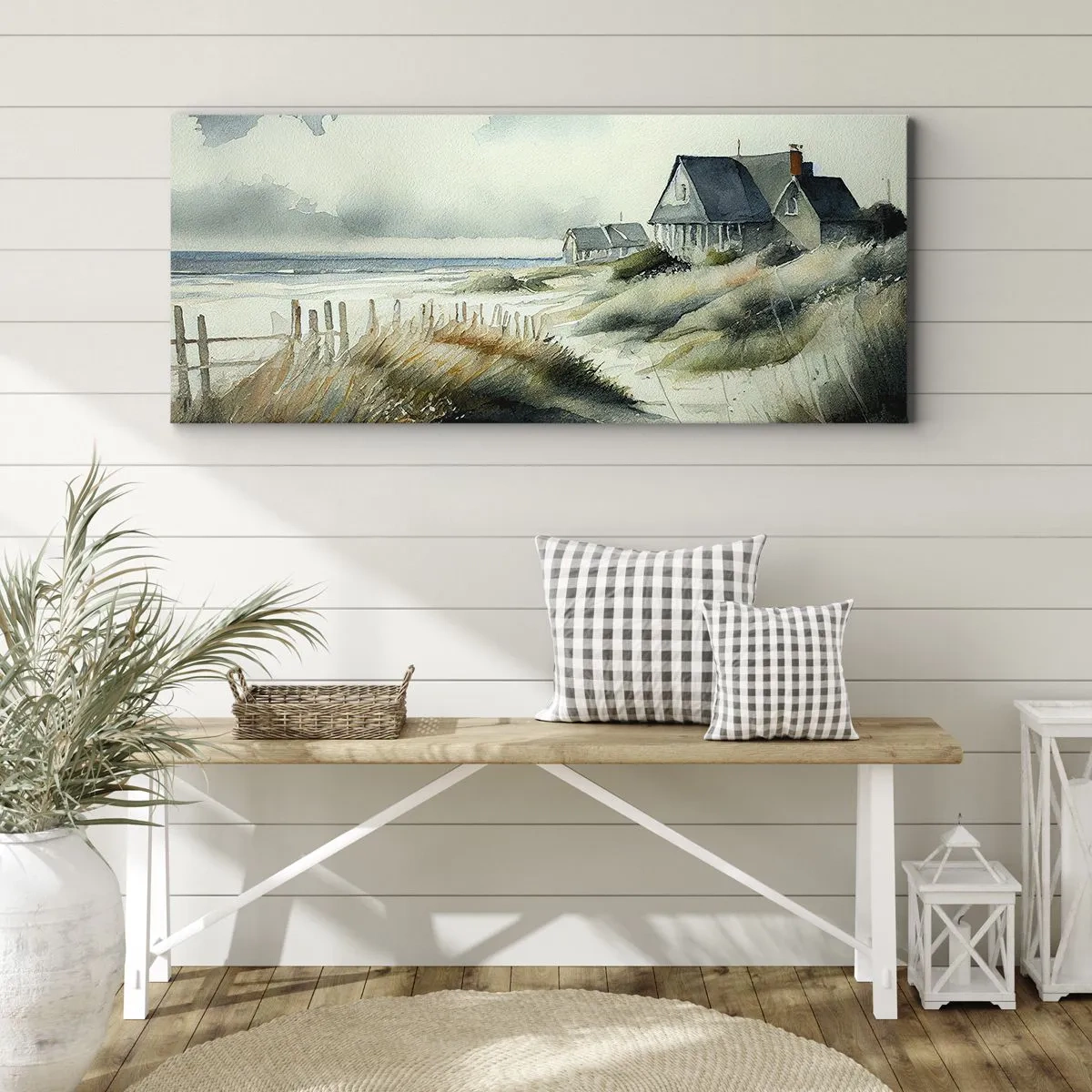Cuadro sobre lienzo - Impresión de Imagen - Una casa junto al mar rodeada de césped y con vistas al mar. - 160x50cm - Lejos del bullicio - Decoración de pared moderna para salón y dormitorio ARTTOR