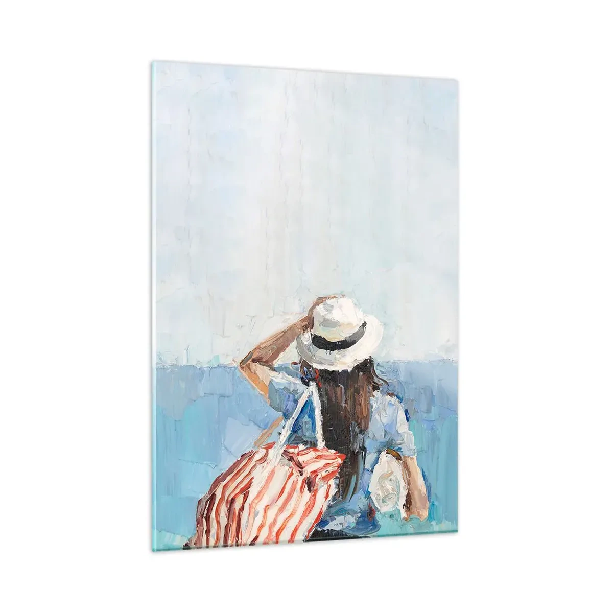 Cuadro sobre vidrio - Impresiones sobre Vidrio - Una mujer con un bolso de rayas mirando al mar en un día soleado. - 50x70cm - Bienvenida a tus vacaciones - Decoración de pared moderna para salón y dormitorio ARTTOR
