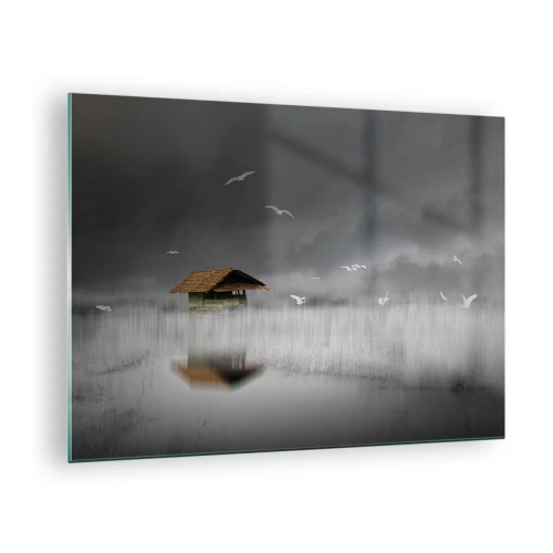 Cuadro sobre vidrio - Impresiones sobre Vidrio - Una casa sobre el agua en la niebla con pájaros volando. - 70x50cm - Resguardo de la lluvia - Decoración de pared moderna para salón y dormitorio ARTTOR