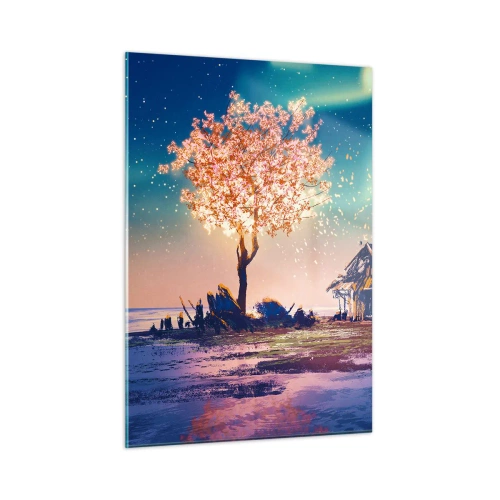 Cuadro sobre vidrio - Impresiones sobre Vidrio - Un paisaje mágico con un árbol en flor y una cabaña. - 50x70cm - La naturaleza perdura - Decoración de pared moderna para salón y dormitorio ARTTOR
