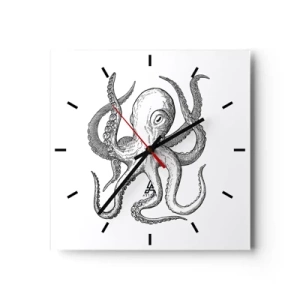 Reloj de pared - Reloj de vidrio - Dibujo en blanco y negro de un pulpo sobre un fondo blanco en estilo vintage. - 30x30cm - Bailando con olas - Decoración de pared moderna para salón y dormitorio ARTTOR