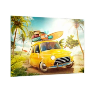 Cuadro sobre vidrio - Impresiones sobre Vidrio - Un coche amarillo con equipaje en el techo en una playa tropical. - 100x70cm - Un viaje para más de una sonrisa - Decoración de pared moderna para salón y dormitorio ARTTOR