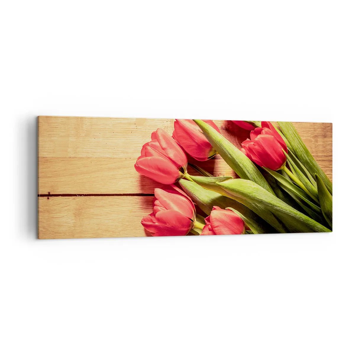 Cuadro sobre lienzo - Impresión de Imagen - Un ramo de tulipanes rosas sobre un fondo de madera. - 140x50cm - Una confesión primaveral - Decoración de pared moderna para salón y dormitorio ARTTOR
