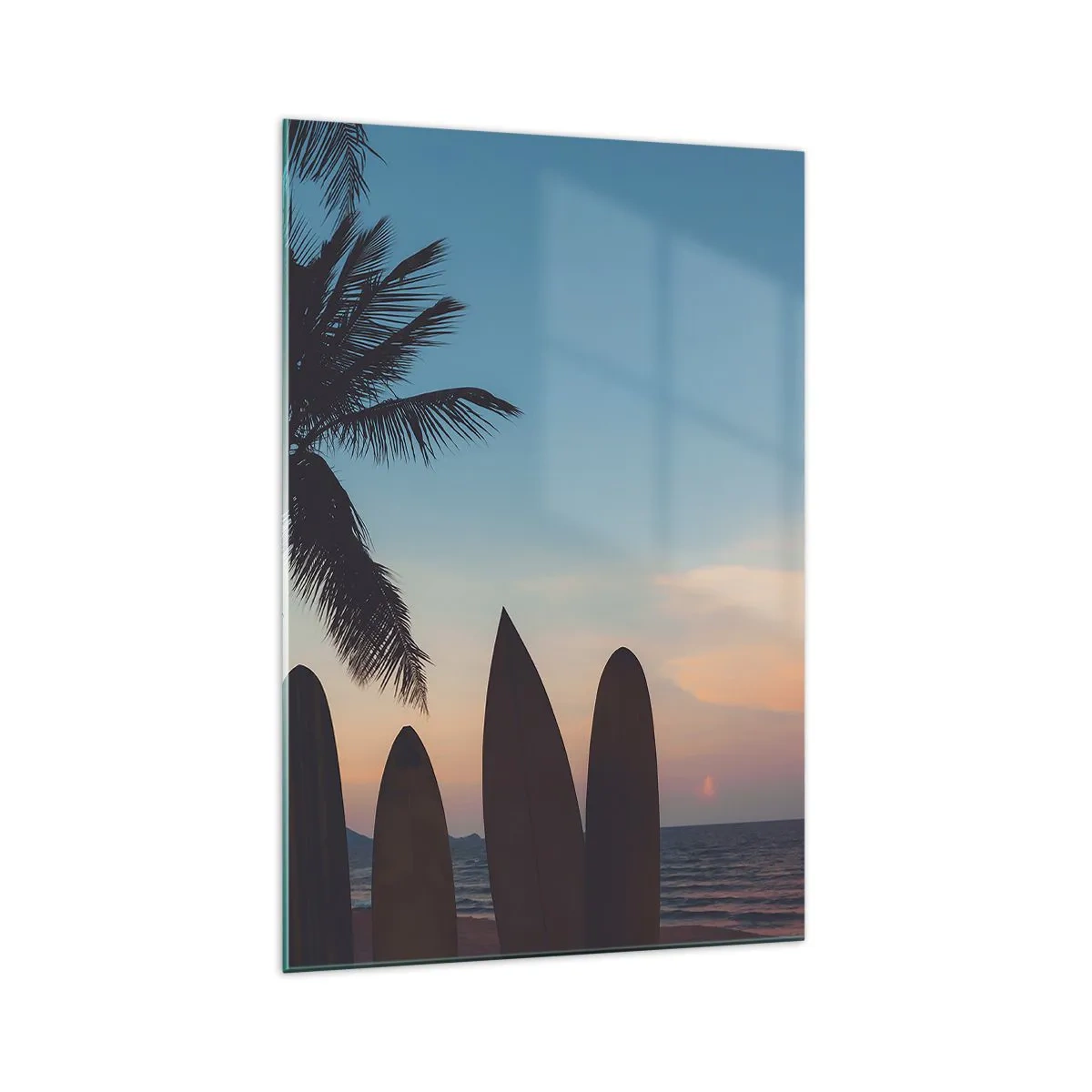 Cuadro sobre vidrio - Impresiones sobre Vidrio - Tablas de surf con una palmera y una puesta de sol como telón de fondo - 70x100cm - Mañana también disfrutaremos - Decoración de pared moderna para salón y dormitorio ARTTOR