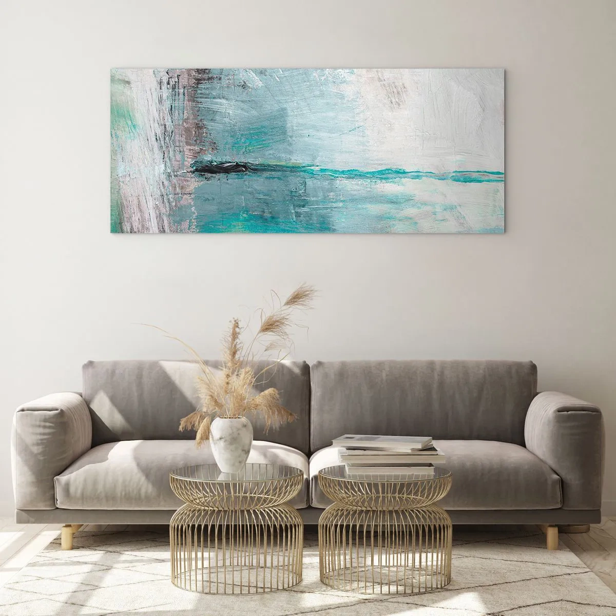 Cuadro sobre vidrio - Impresiones sobre Vidrio - Abstracción en tonos turquesa y gris. - 120x50cm - Horizontalmente sobre el azul - Decoración de pared moderna para salón y dormitorio ARTTOR