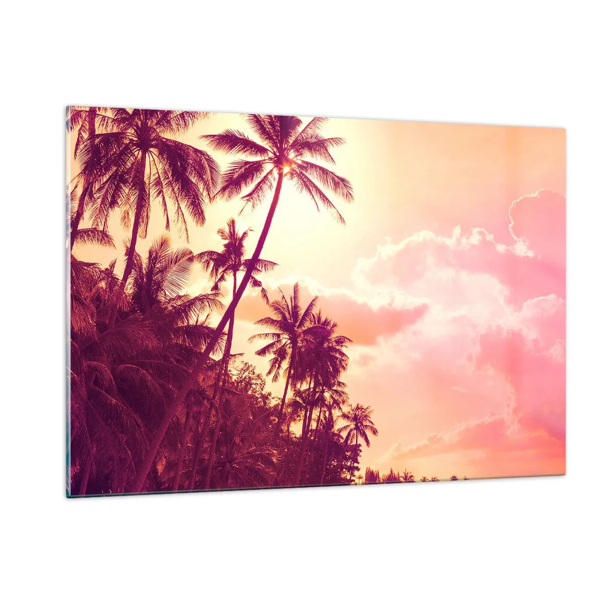 Cuadro sobre vidrio - Impresiones sobre Vidrio - Palmeras tropicales a la luz del sol poniente contra un cielo rosado - 120x80cm - Debes elegir - Decoración de pared moderna para salón y dormitorio ARTTOR