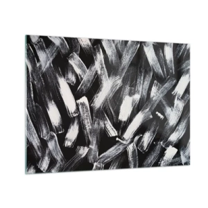 Cuadro sobre vidrio - Impresiones sobre Vidrio - Abstracción en blanco y negro de pinceladas sobre un fondo oscuro. - 70x50cm - Abstracción en el espíritu industrial - Decoración de pared moderna para salón y dormitorio ARTTOR