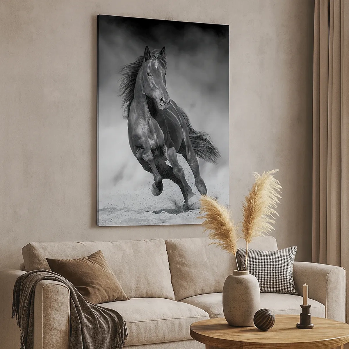 Cuadro sobre lienzo - Impresión de Imagen - Un caballo blanco y negro galopando por la arena. - 50x70cm - Digno del propio emir - Decoración de pared moderna para salón y dormitorio ARTTOR